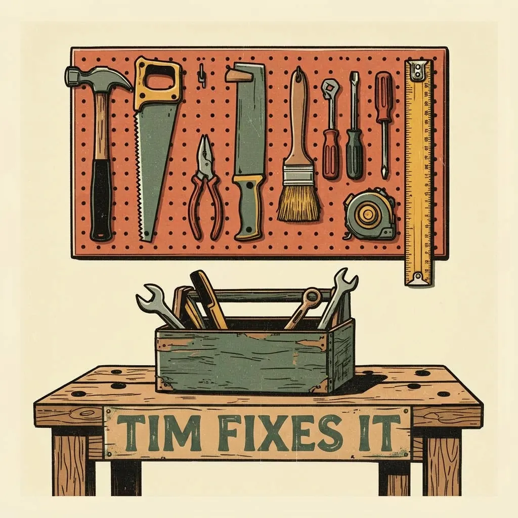 Hand-illustrated workshop scene — pegboard of tools above Tim's wooden toolbox