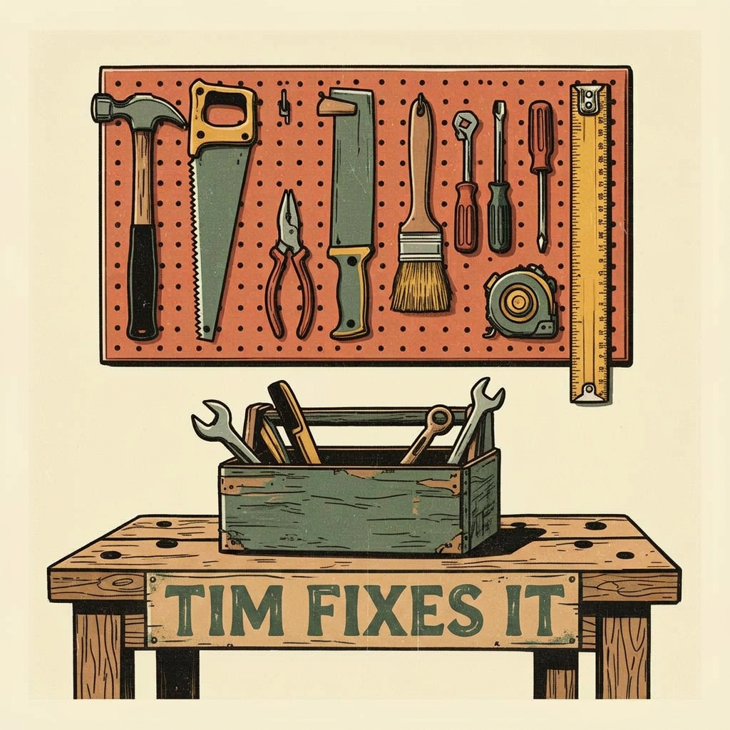 Hand-illustrated workshop scene — pegboard of tools above Tim's wooden toolbox
